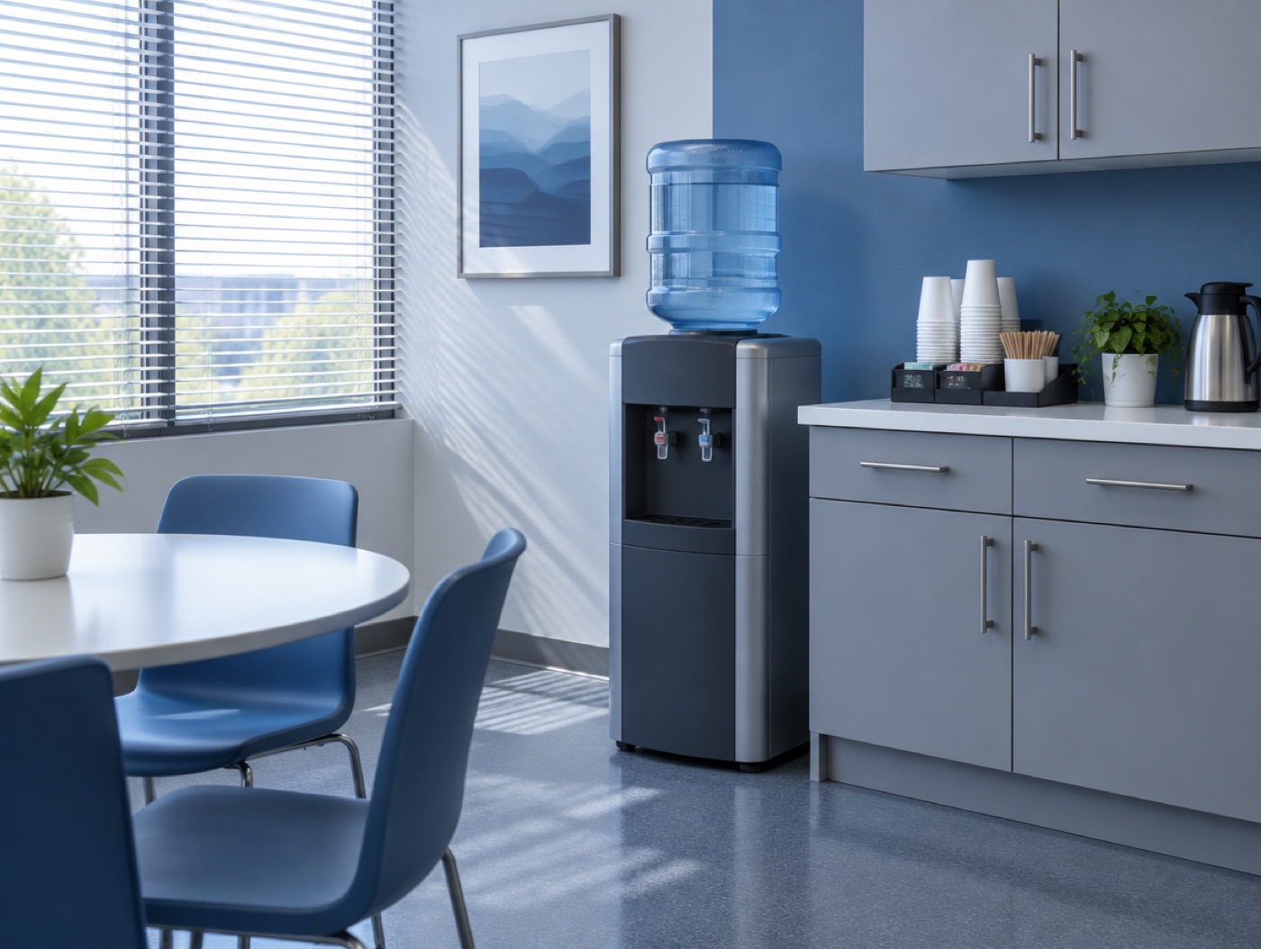 A cooler beside the coffee station