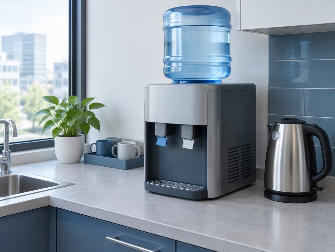 A countertop cooler on a small office counter
